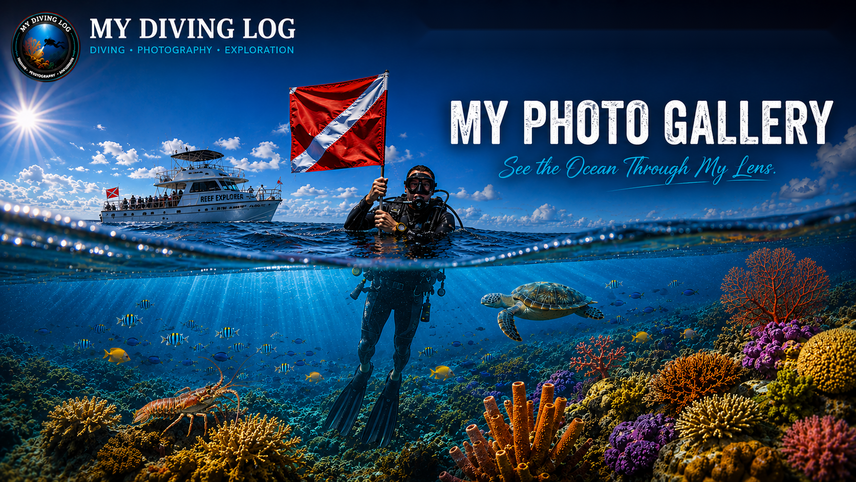 My Photo Gallery hero — diver with dive flag, charter boat, reef, turtle and lobster
